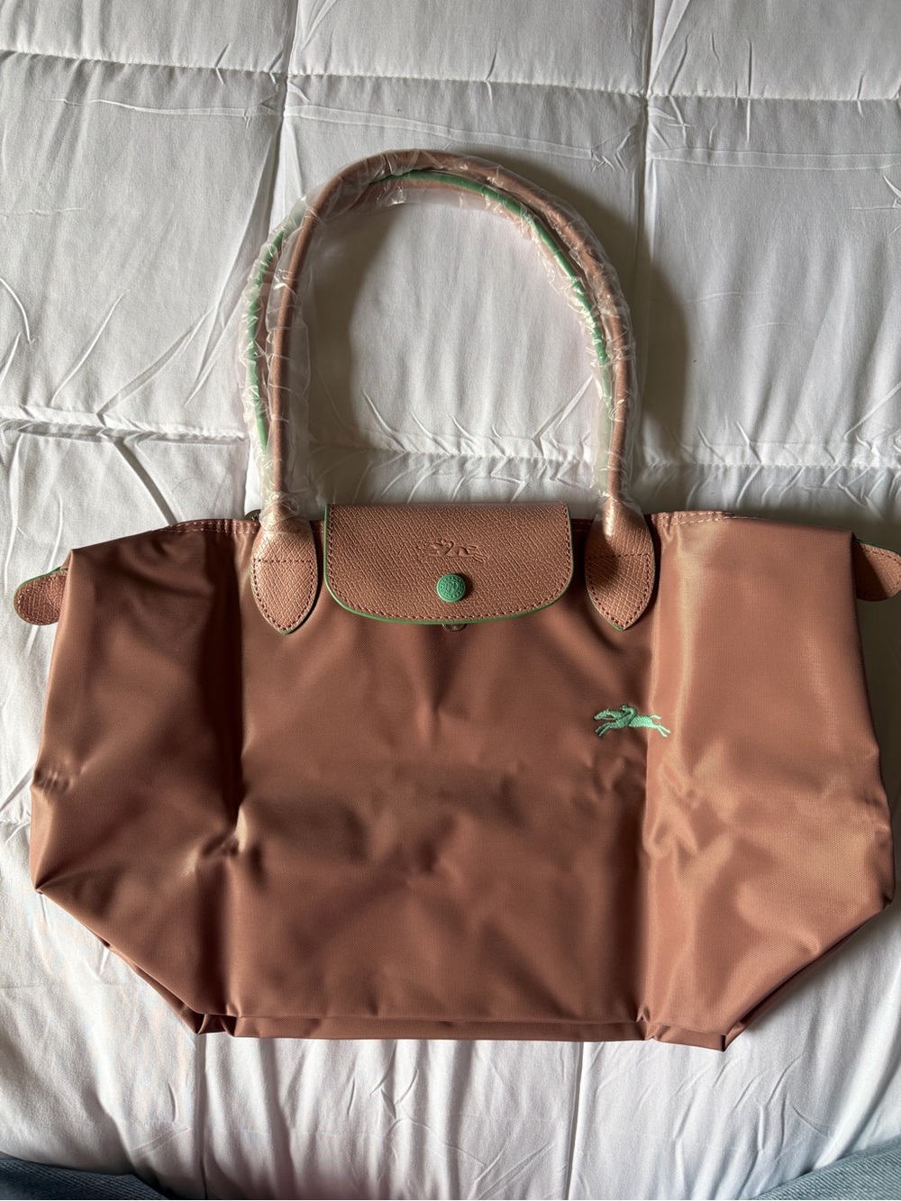 Longchamp Le Pliage Medium Tote  Bag in Mauve with Green Trim